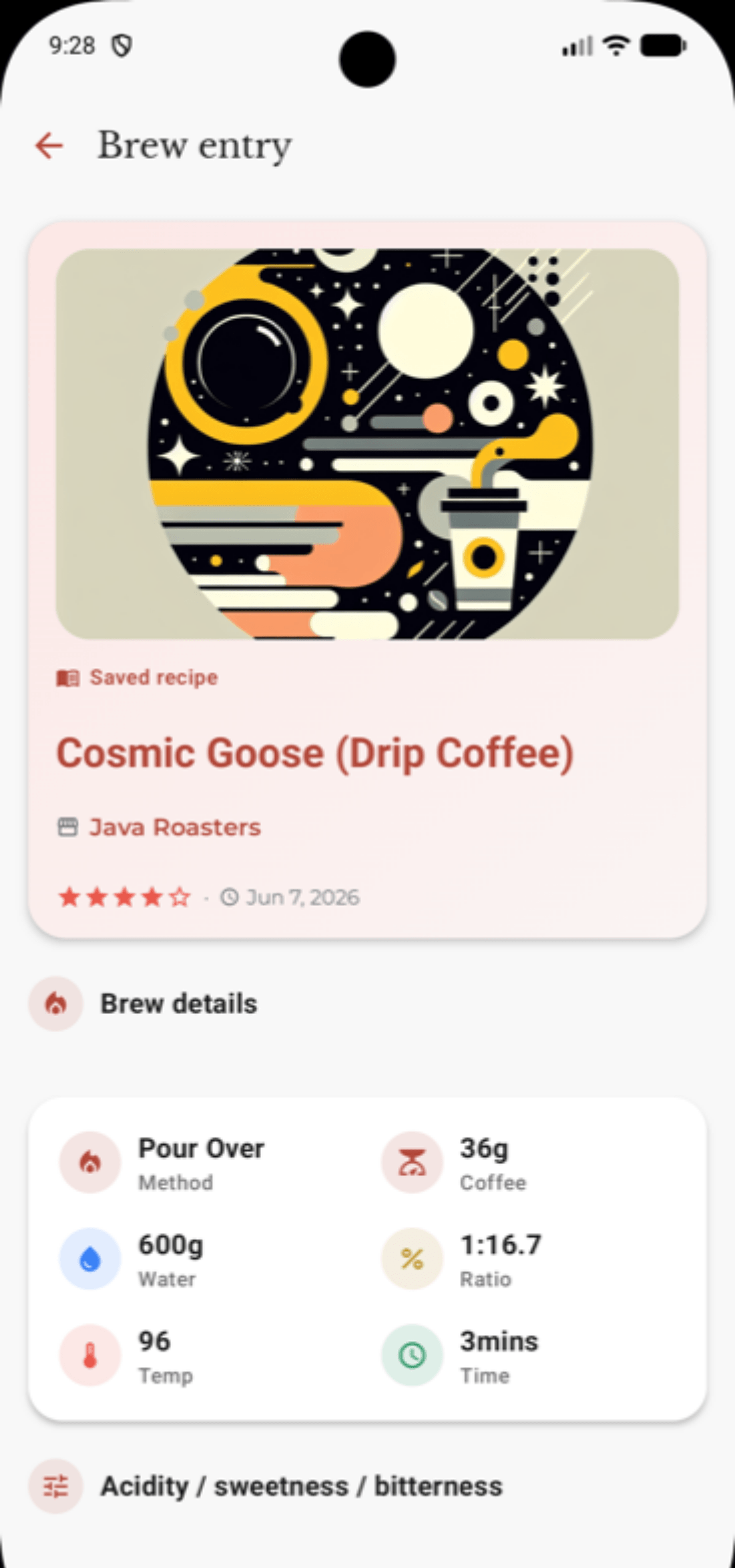 Beanie brew entry showing a pour over recipe with dose, water, ratio, temperature, brew time, and a star rating.
