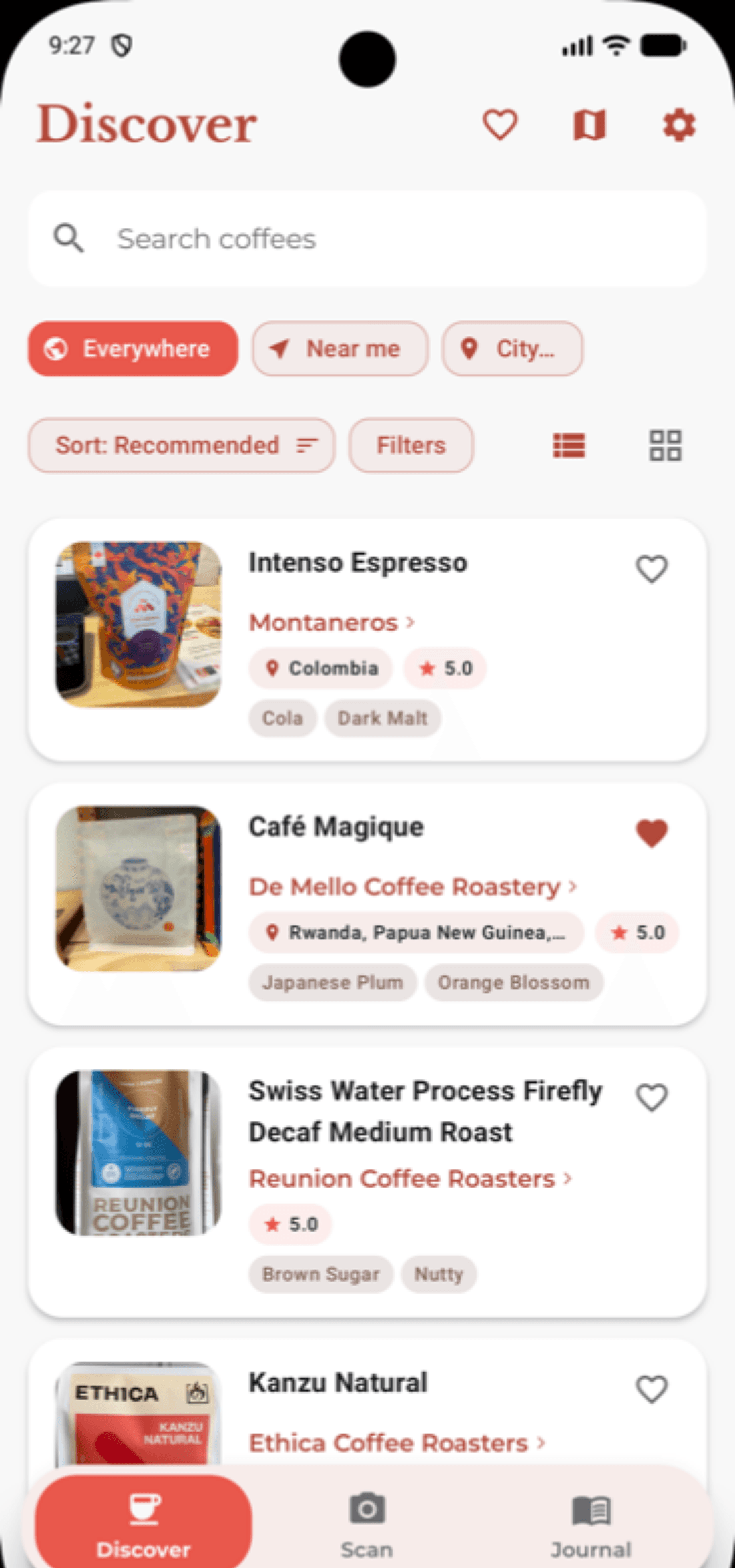 Beanie app Discover screen showing specialty coffees from independent roasters with origin, roaster, and tasting-note tags.