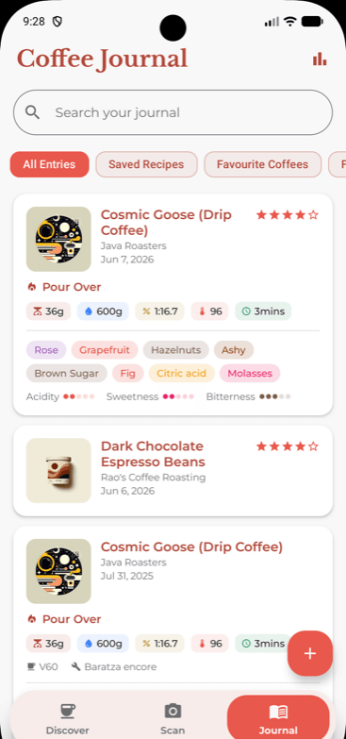 Beanie coffee journal listing saved brews with method, dose, water, ratio, and tasting notes for each cup.