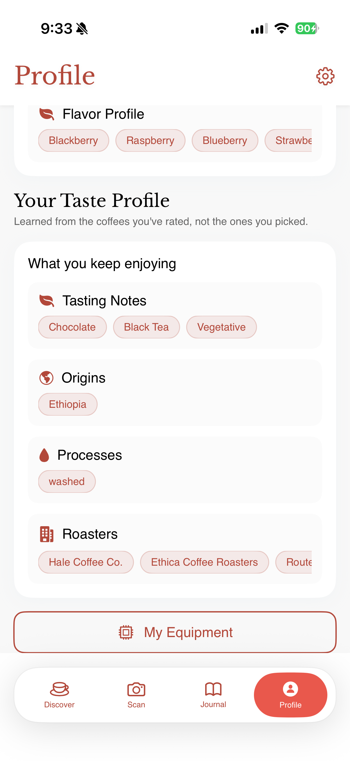 The Beanie taste profile screen: a Your Taste Profile card learned from your ratings, listing the tasting notes, origins, processes, and roasters you keep enjoying.