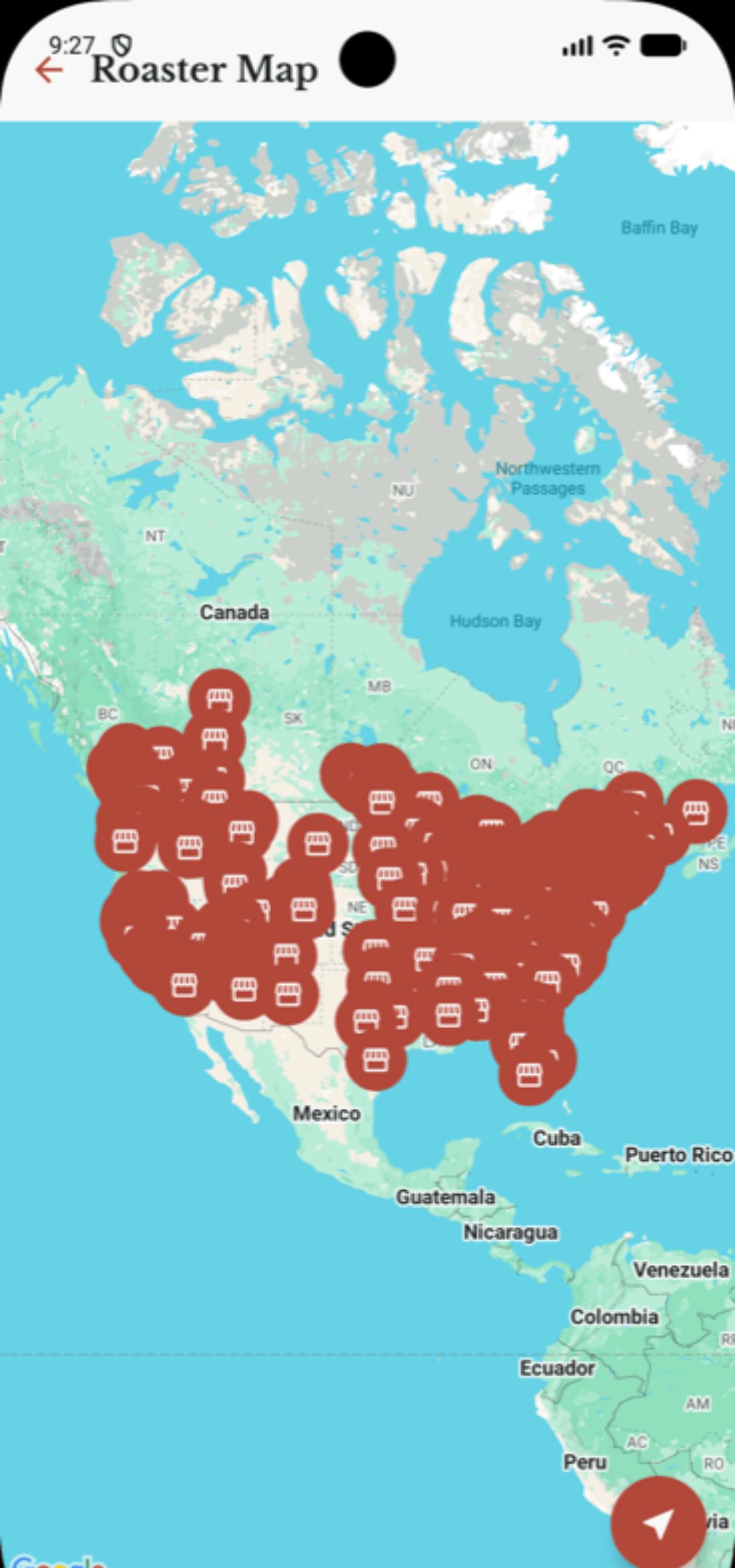 Beanie roaster map with pins marking independent specialty coffee roasters across North America.