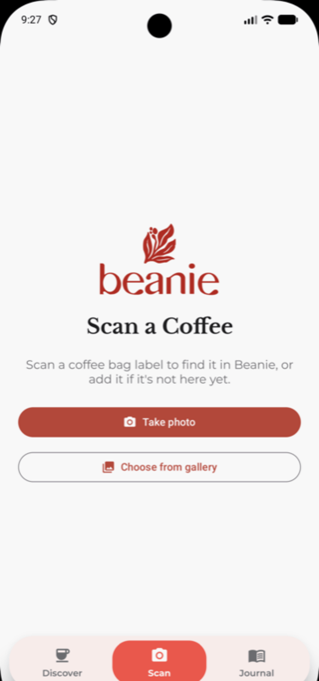 Beanie Scan a Coffee screen with options to take a photo of a coffee bag or choose one from your gallery.