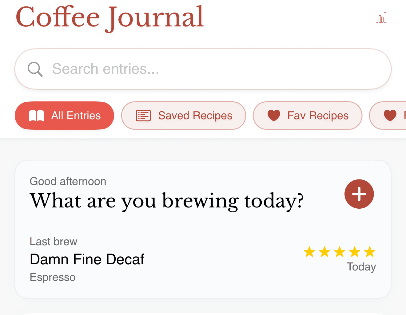 The Beanie Coffee Journal with a five-star last brew, Damn Fine Decaf, logged from just a rating.
