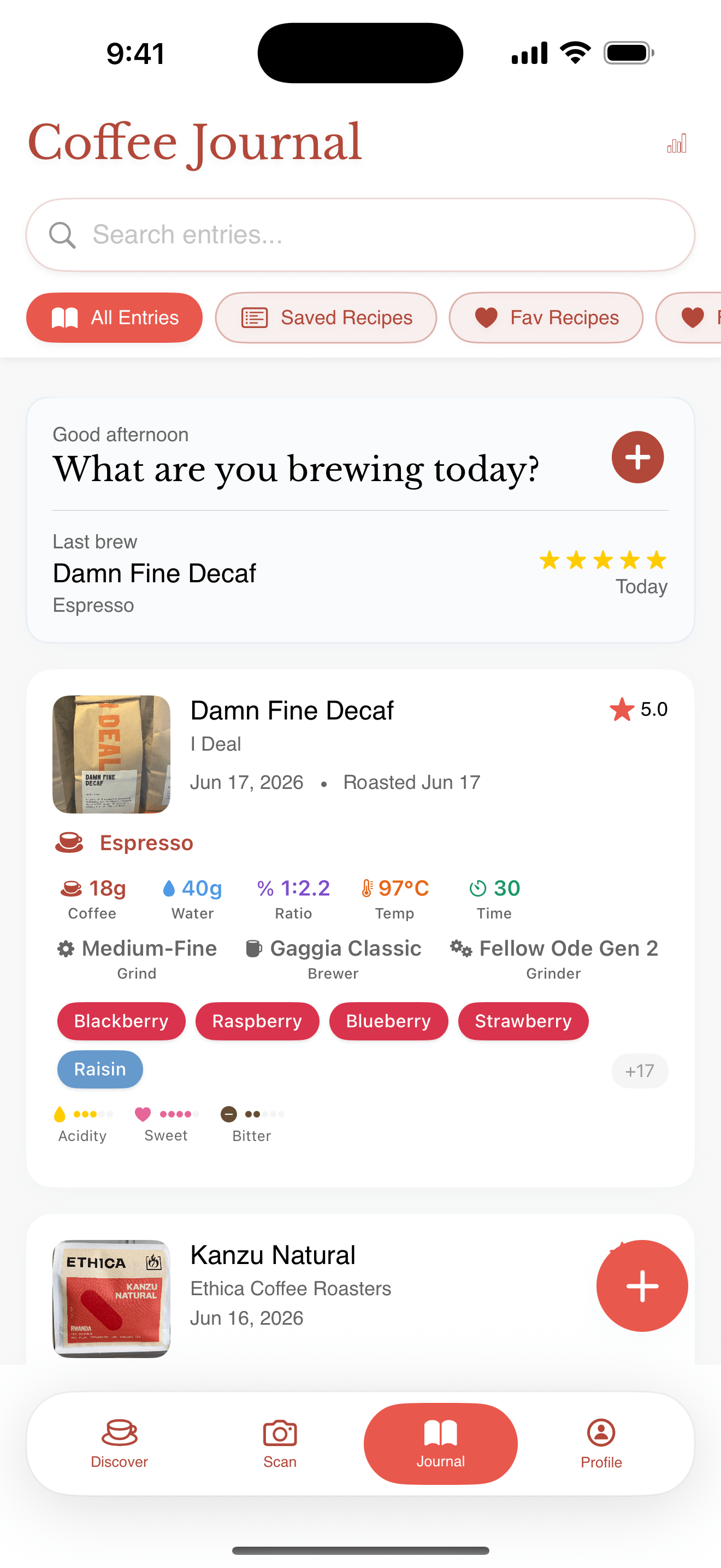 Beanie Coffee Journal showing a logged espresso with dose, water, ratio, temperature, grind, brewer, tasting notes, and a rating.