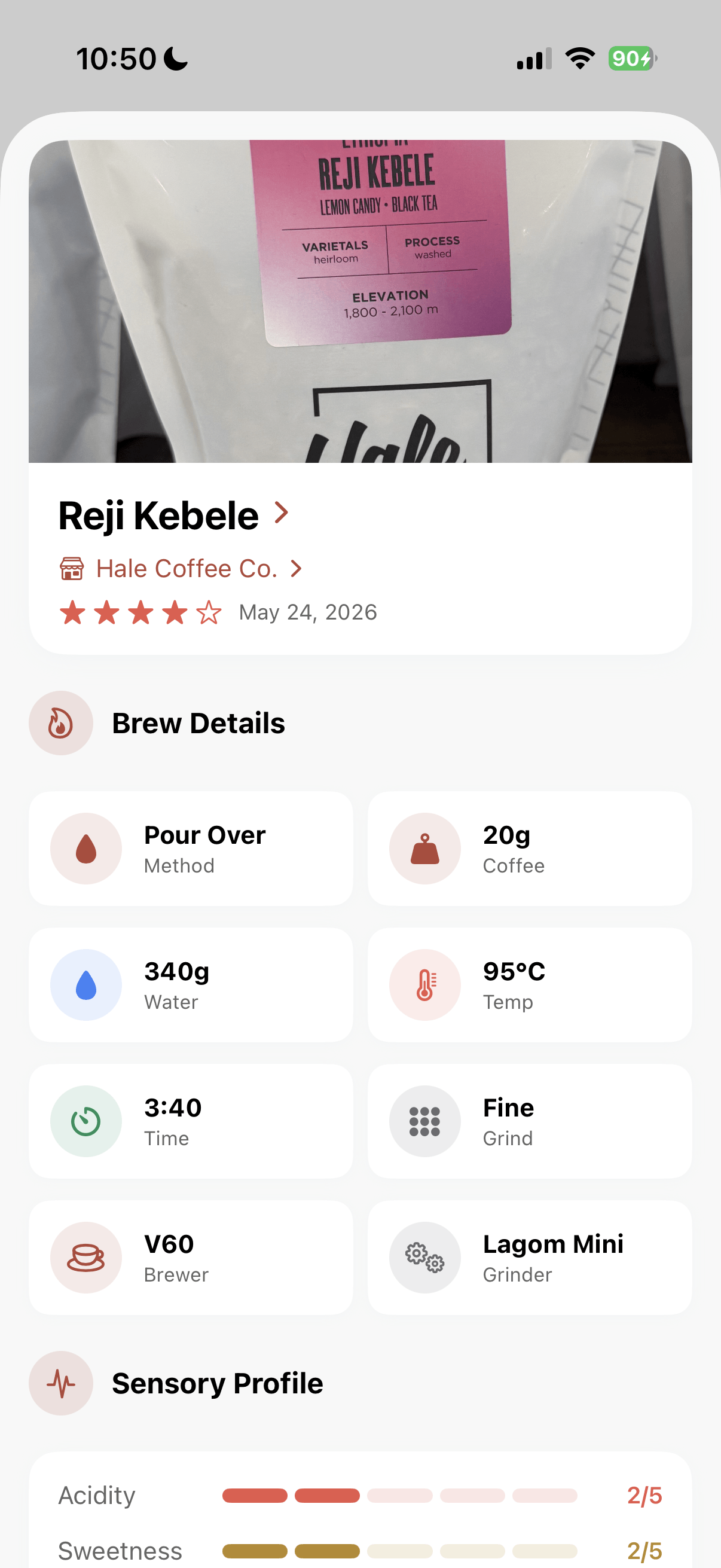 A saved coffee in Beanie: a photo of the bag, a star rating, the full brew recipe with method, dose, water, temperature, time, grind, and grinder, and a sensory profile.