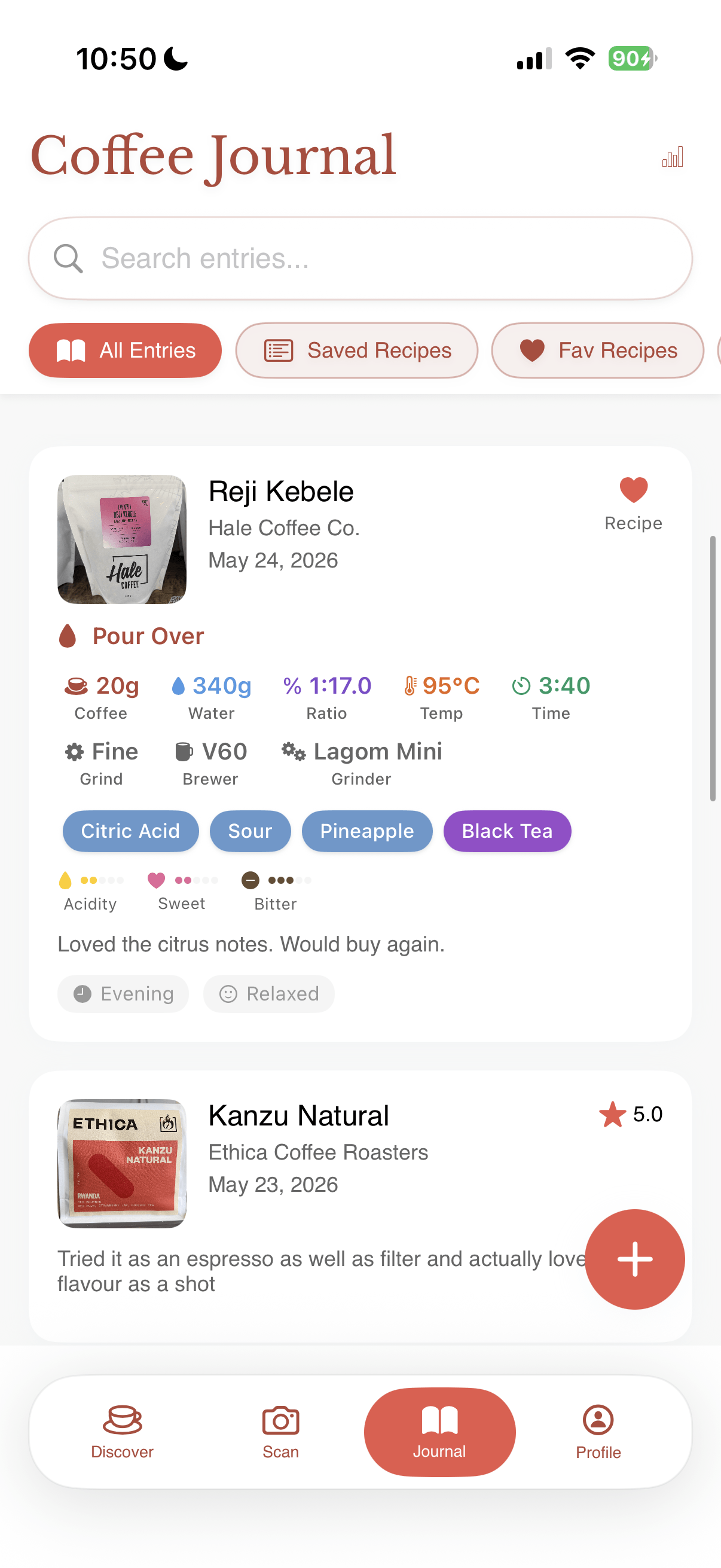 The Beanie Coffee Journal list with a search bar and saved coffees, each showing the recipe, tasting notes, a written note, and a rating.