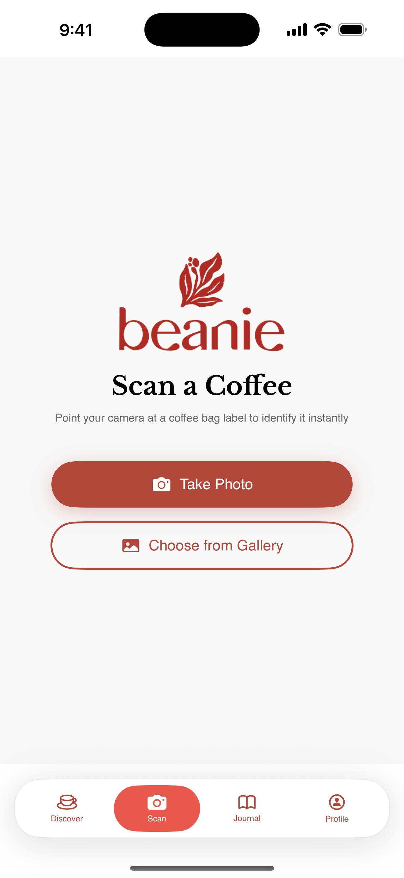 Beanie Scan a Coffee screen with Take Photo and Choose from Gallery buttons for identifying a coffee bag.