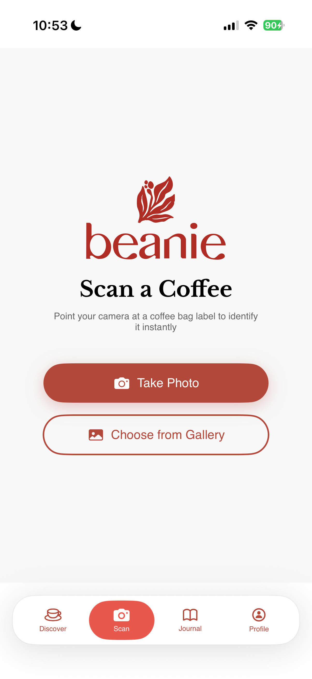 Beanie Scan a Coffee screen with Take Photo and Choose from Gallery buttons for identifying a coffee bag.
