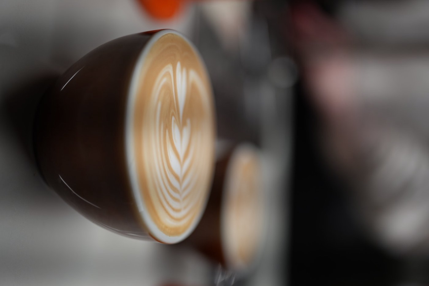 Two flat whites with rosetta latte art in dark cups, softly lit against a moody background